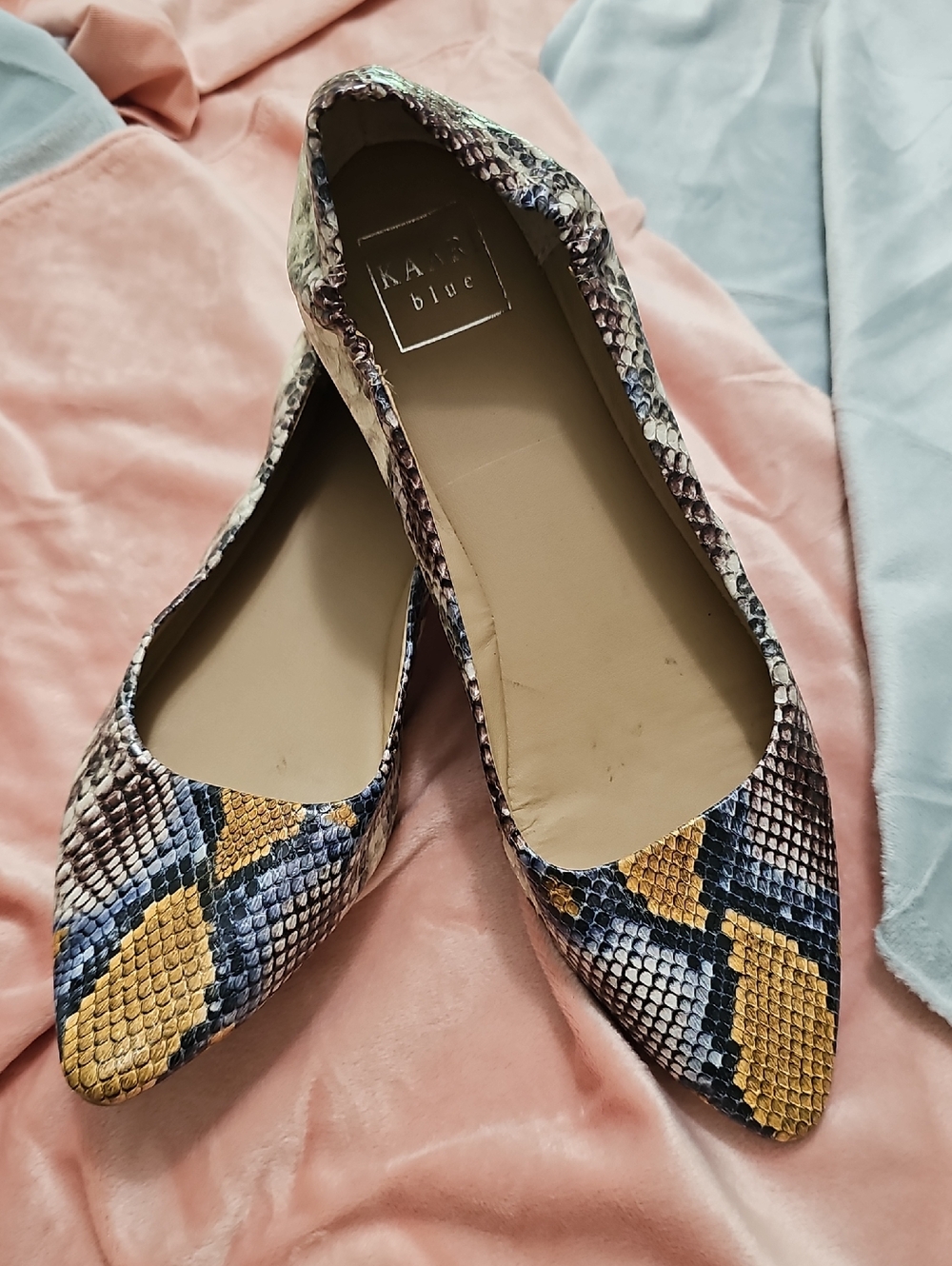 Kaari Blue Yellow & Blue Snakeskin Pointed-Toe Flats